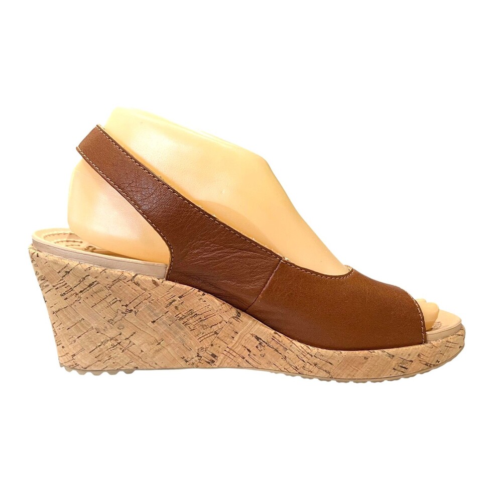 Crocs A-LEIGH Brown Leather Slingback Cork Platform Wedge Pump Sandal  Size 8 - Picture 2 of 9